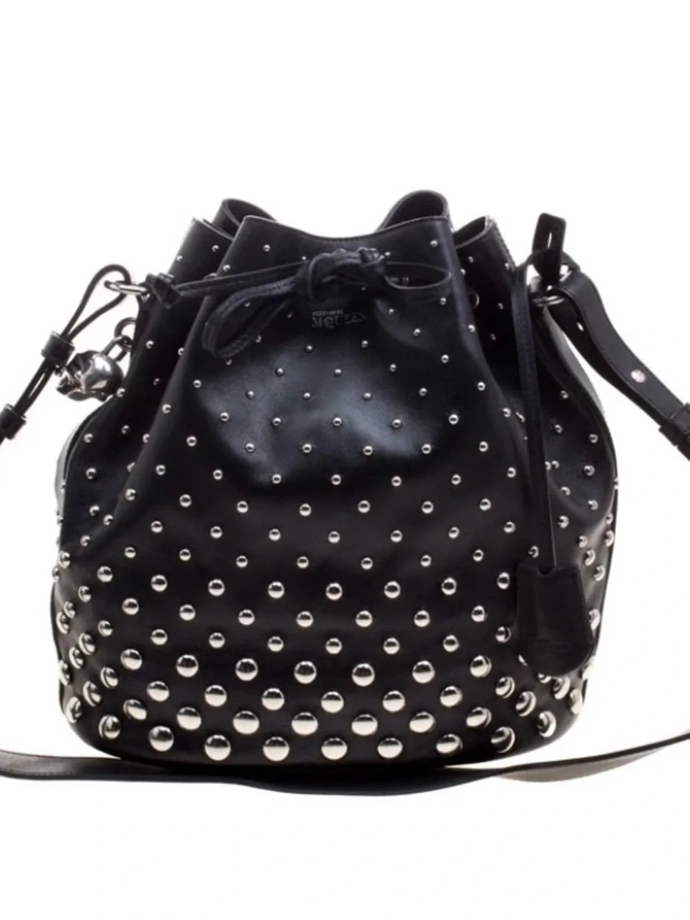 Alexander McQueen Black Leather Studded Padlock Drawstring Bucket Shoulder Bag 💀